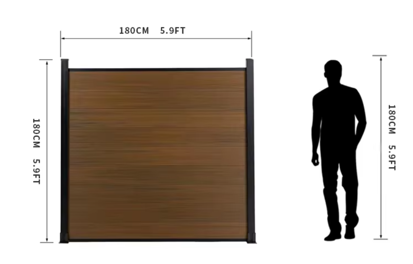 Square wooden panel with metal posts beside human silhouette showing size comparison