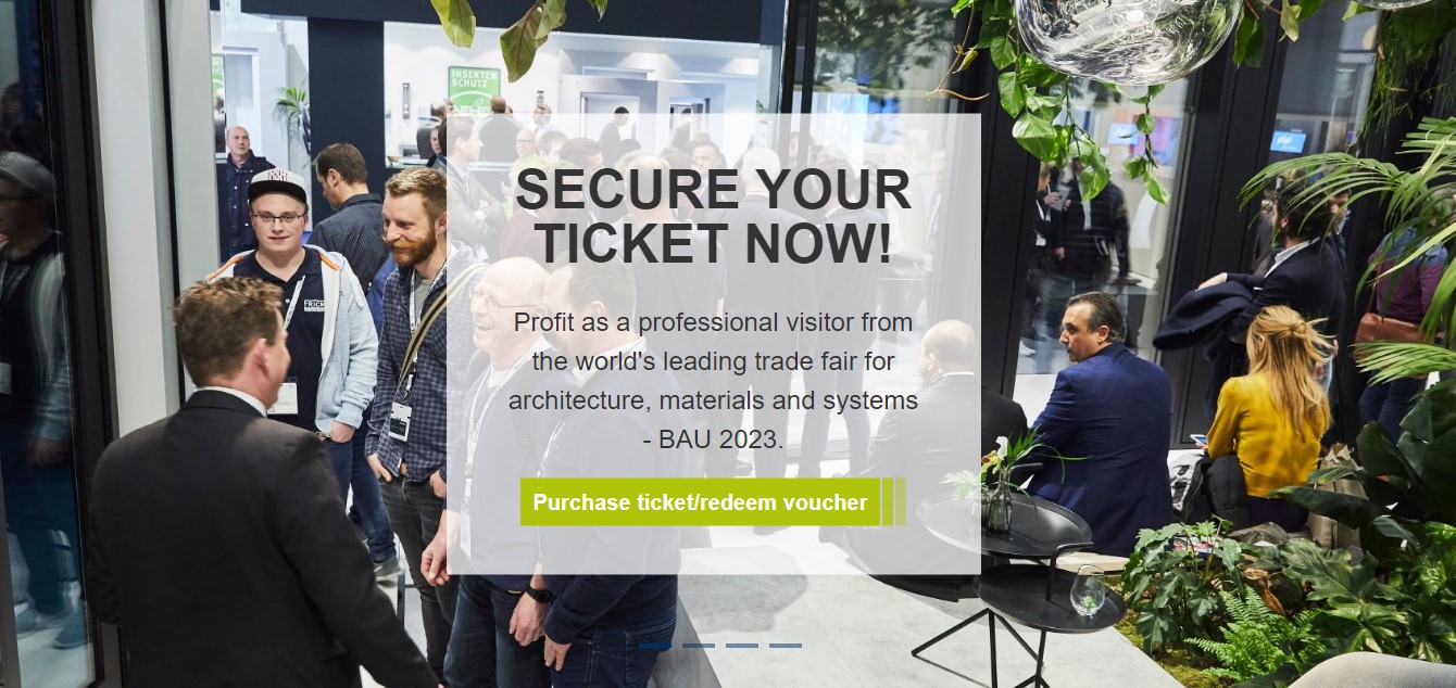 BAU 2025 architecture trade fair crowd with secure your ticket call to action