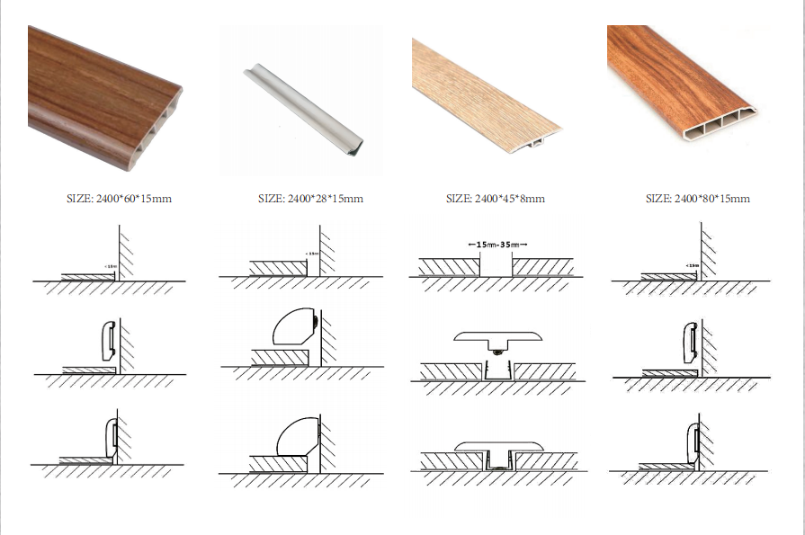 Flooring transition strips with profile sizes and installation diagrams for seamless floor connections