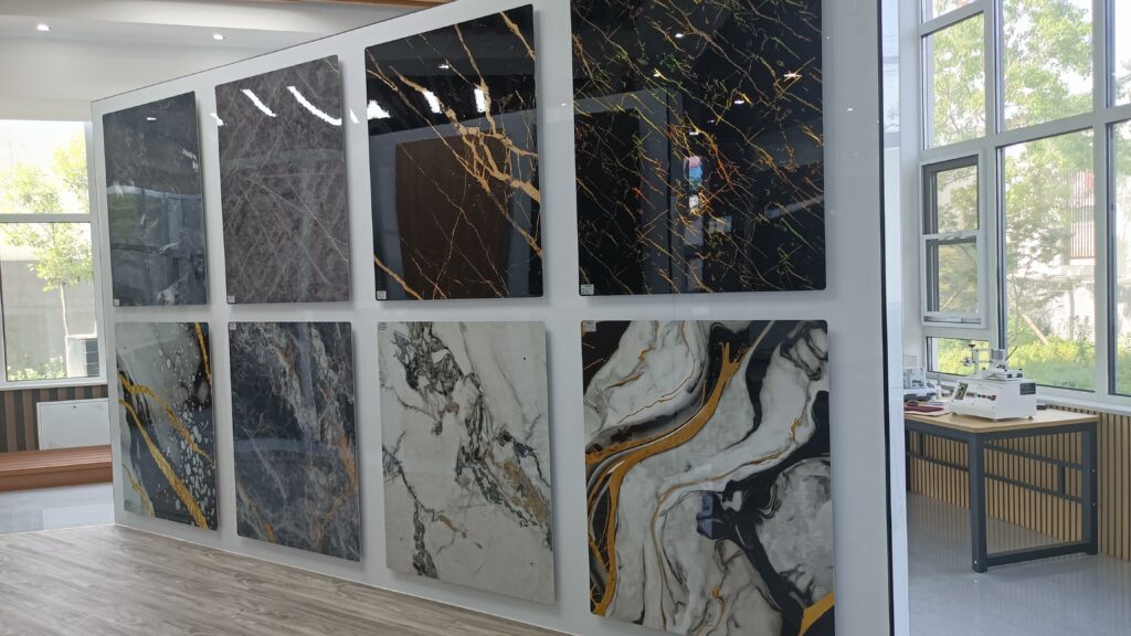 Luxury stone slab showroom with marble and quartz surfaces in modern interior