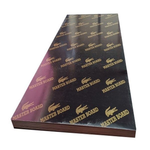 Master Board laminated plywood sheet with glossy black surface and repeating gold logo pattern