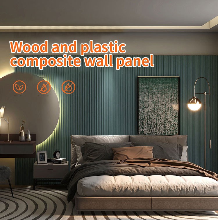 Modern bedroom showcasing wood plastic composite wall panel with textured teal backdrop and ambient lighting