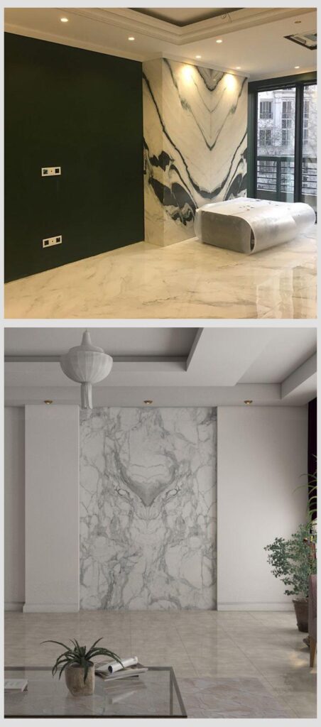 Modern marble bedroom and minimalist living room with elegant lighting and polished stone floors