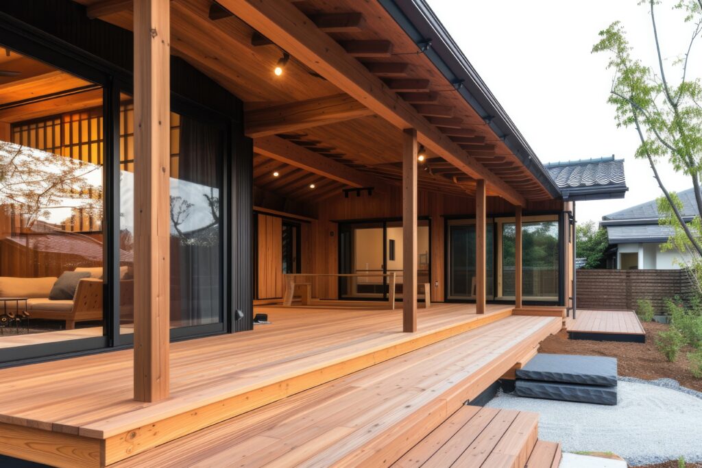Modern Japanese wooden house with long veranda, sliding glass doors, and minimalist garden.