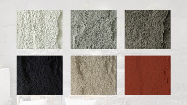 PU stone wall panel color and texture palette with six natural stone finish samples