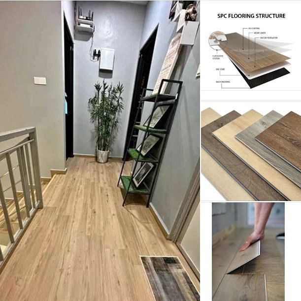 Modern hallway showcasing SPC flooring installation, layered structure, and wood finish options