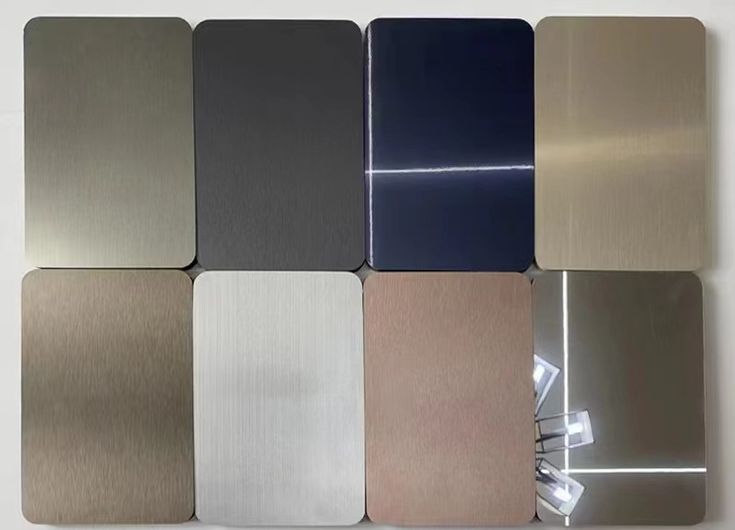 Eight stainless steel finish samples showing brushed, matte, satin, and mirror surfaces.
