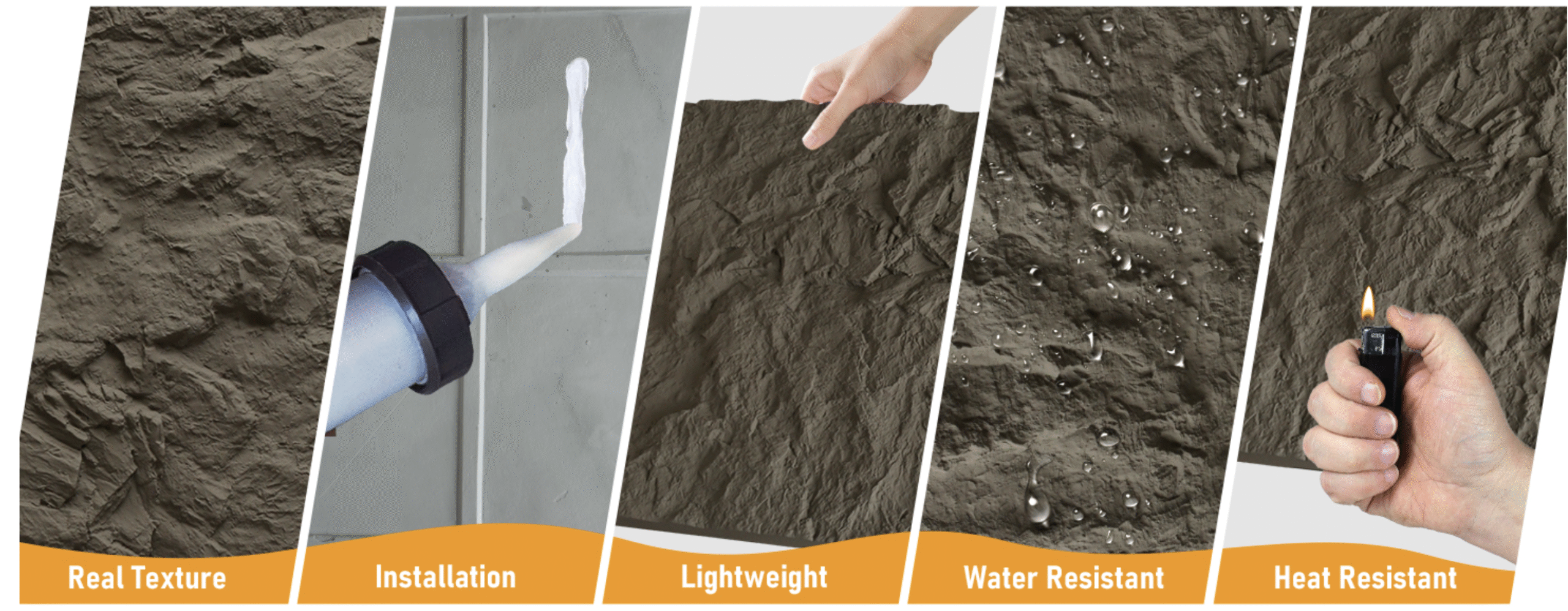 Stone wall panels showing real texture, easy installation, lightweight, water and heat resistance.