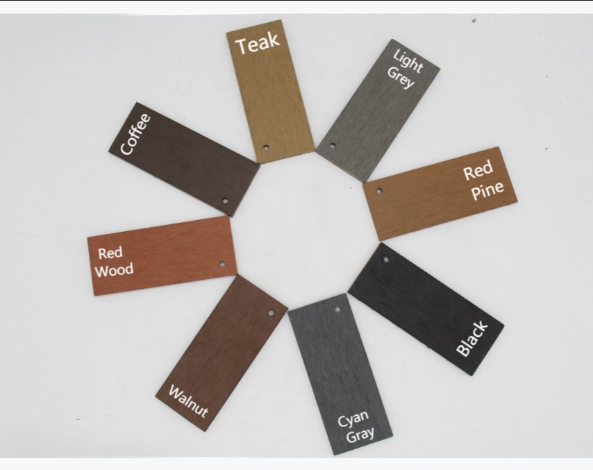 Circular display of eight wood finish color swatches labeled teak, gray, walnut, black.