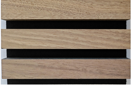 Light wood slat wall with black gaps, modern interior paneling