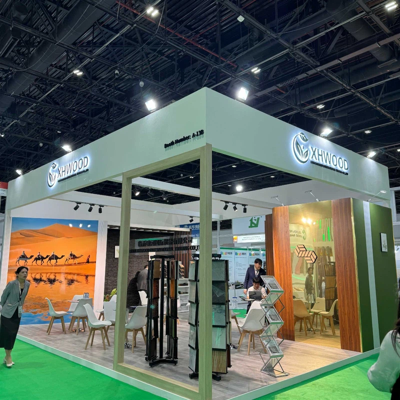 XINWOOD modern trade show booth with wood displays, seating, and open design