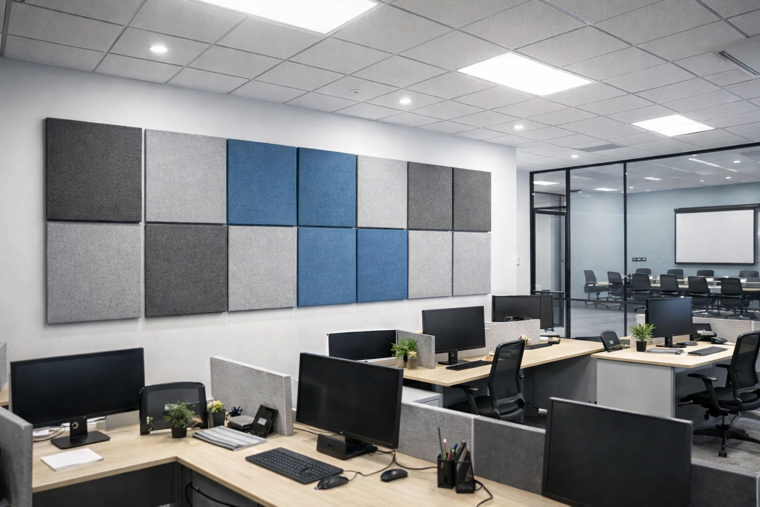 Sound absorbing acoustic wall panels installed in a modern office workspace to reduce noise and improve room acoustics